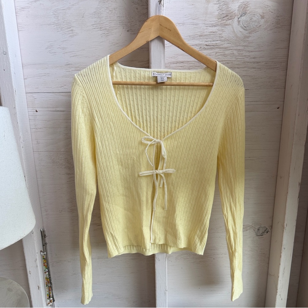 Sincerly Jules Pale butter yellow Ribbed Tie-Front Cardigan EUC XL